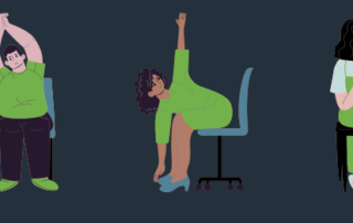 5 diverse people doing exercises. Some are seating, some standing.